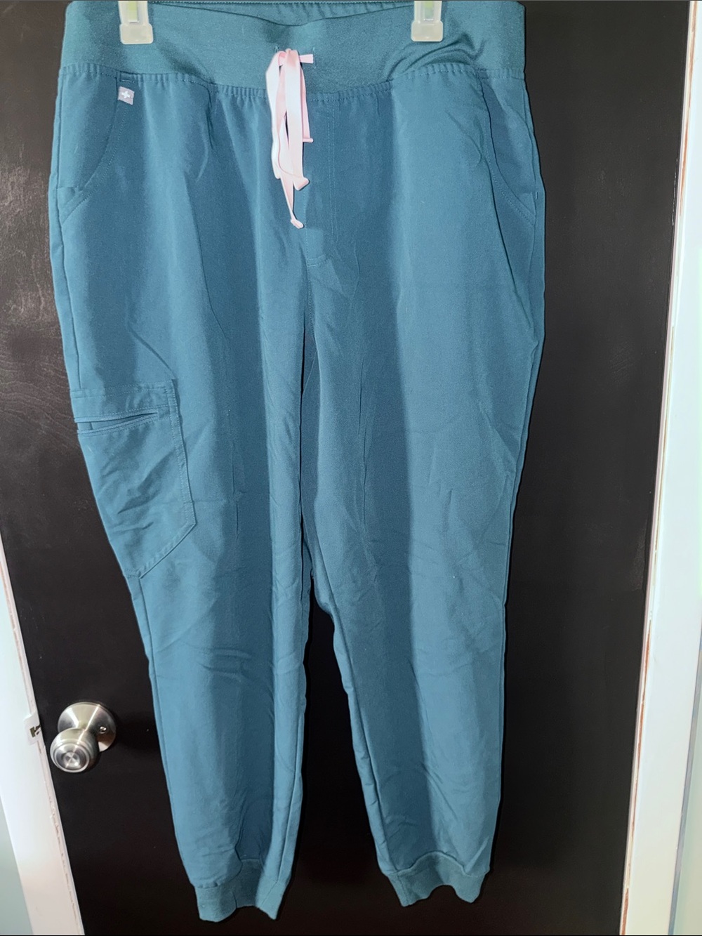 Figs Teal Drawstring Cargo Scrub Joggers with Pink Tie